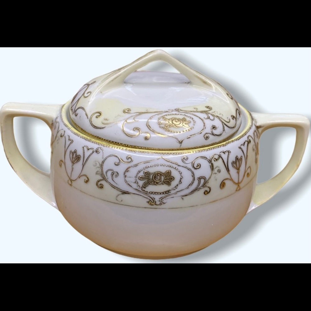 Noritake Floral Ceramic White & Gold Shiny Christmas Ball #175 Sugar Bowl 16034